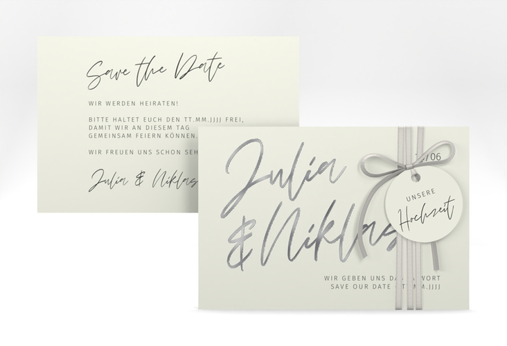 Save the Date-Karte Einfachheit A6 Karte quer mint silber mit modernem Schriftzug