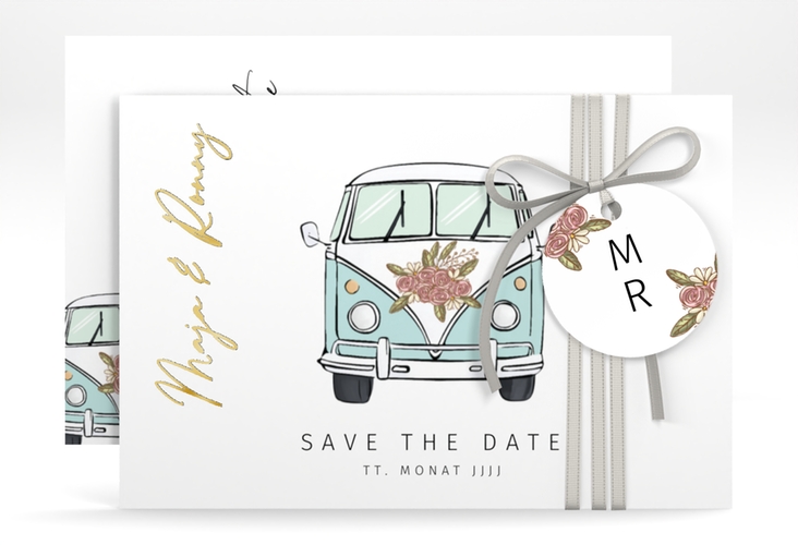 Save the Date-Karte Hochzeitsbulli A6 Karte quer blau gold