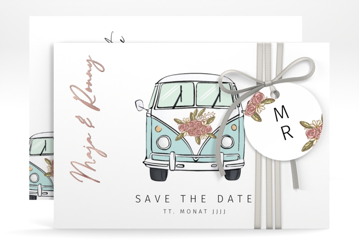 Save the Date-Karte Hochzeitsbulli A6 Karte quer blau rosegold