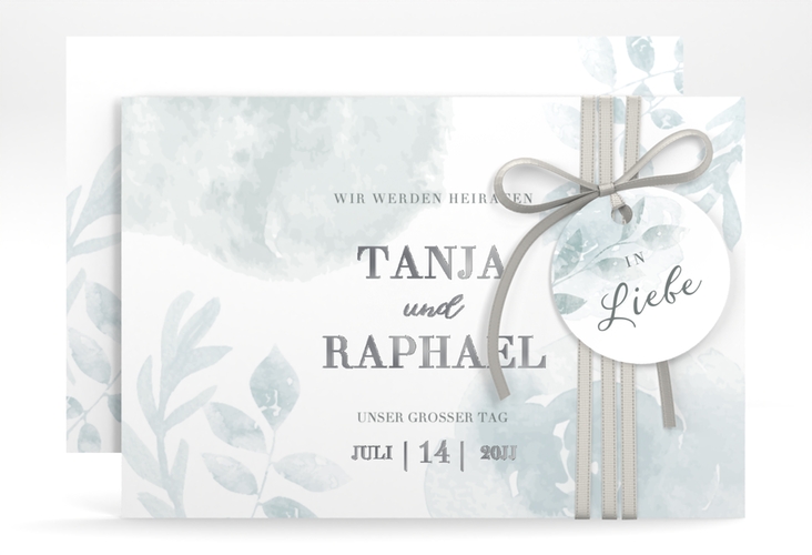 Save the Date-Karte Blätterdruck A6 Karte quer mint silber