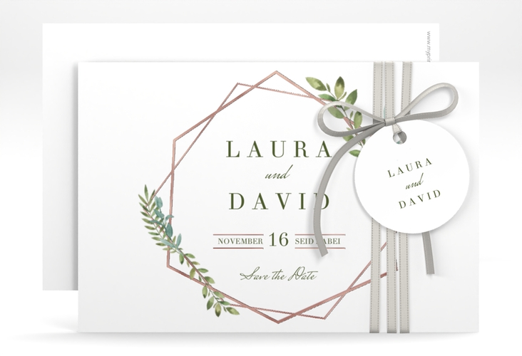 Save the Date-Karte Herbarium A6 Karte quer rosa rosegold mit geometrischem Rahmen und Blätter-Dekor