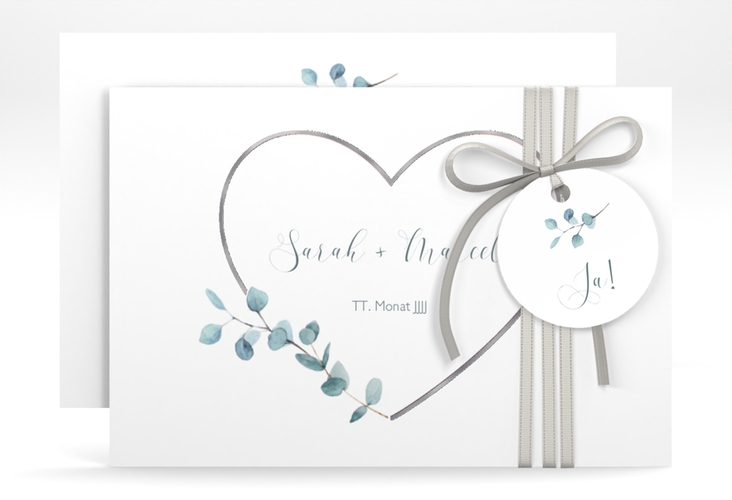 Save the Date-Karte Greenheart A6 Karte quer rosa silber mit elegantem Herz und Eukalyptus-Zweig