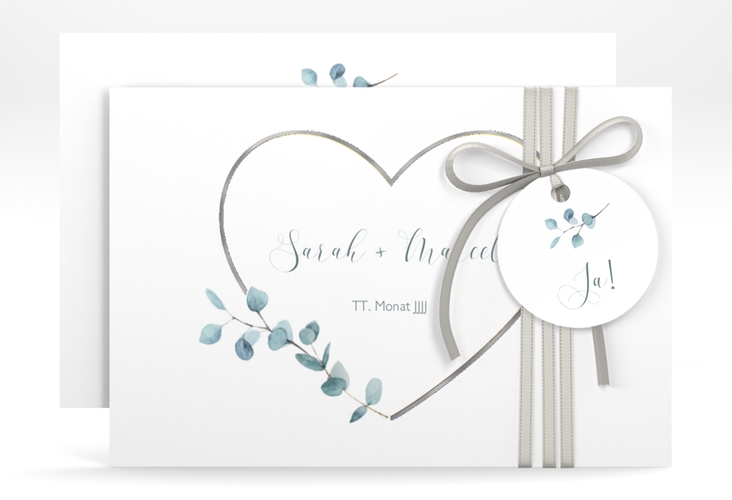 Save the Date-Karte Greenheart A6 Karte quer gold silber mit elegantem Herz und Eukalyptus-Zweig