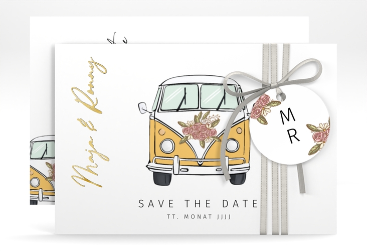 Save the Date-Karte Hochzeitsbulli A6 Karte quer gelb gold