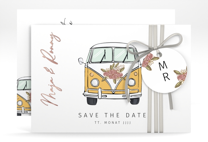 Save the Date-Karte Hochzeitsbulli A6 Karte quer gelb rosegold