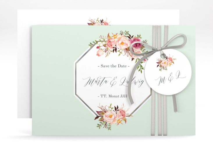 Save the Date-Karte Prachtvoll A6 Karte quer mint silber