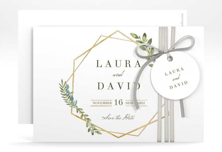 Save the Date-Karte Herbarium A6 Karte quer gold gold mit geometrischem Rahmen und Blätter-Dekor