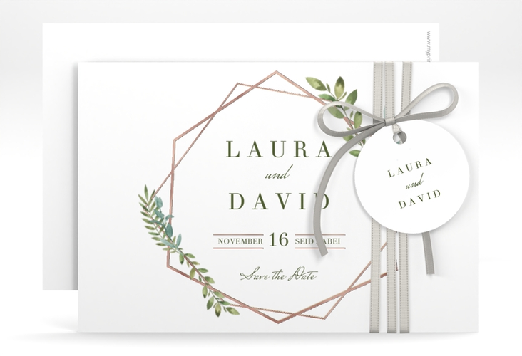 Save the Date-Karte Herbarium A6 Karte quer gold rosegold mit geometrischem Rahmen und Blätter-Dekor