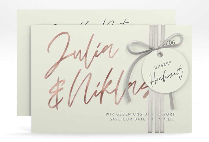 Save the Date-Karte Einfachheit A6 Karte quer mint rosegold mit modernem Schriftzug
