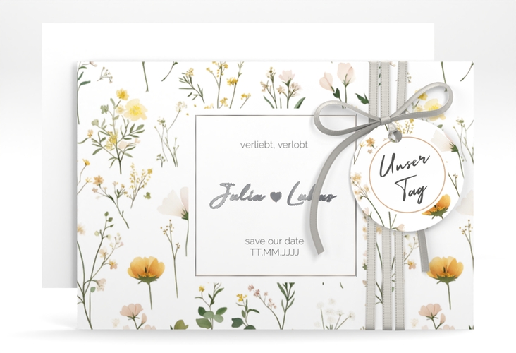 Save the Date-Karte Blumenwiese A6 Karte quer bunt silber