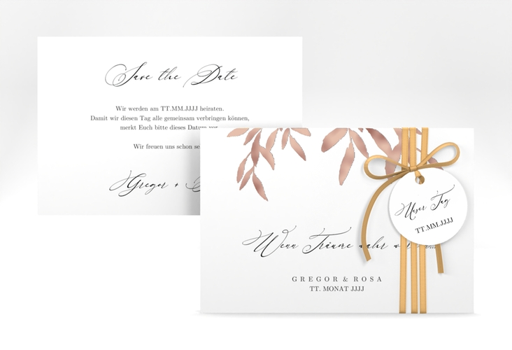 Save the Date-Karte Demure A6 Karte quer weiss rosegold