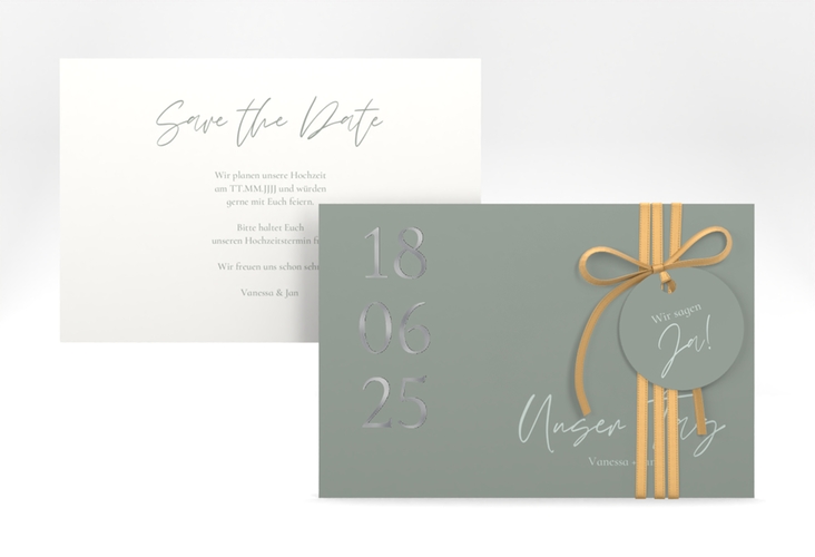 Save the Date-Karte Day A6 Karte quer gruen silber mit Datum im minimalistischen Design