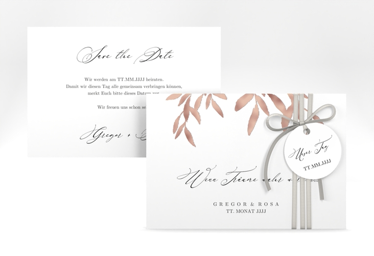 Save the Date-Karte Demure A6 Karte quer weiss rosegold