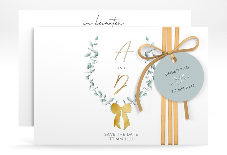 Save the Date-Karte Eucalypt Bow A6 Karte quer gruen gold