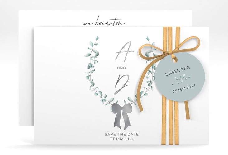 Save the Date-Karte Eucalypt Bow A6 Karte quer gruen silber