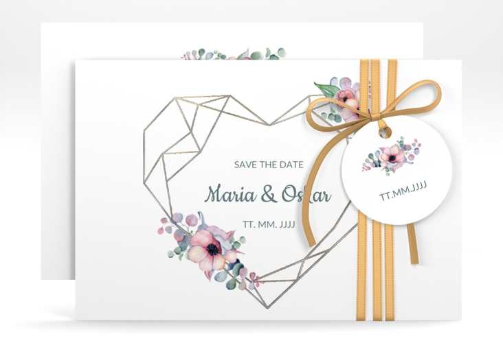 Save the Date-Karte Herzgold A6 Karte quer weiss silber