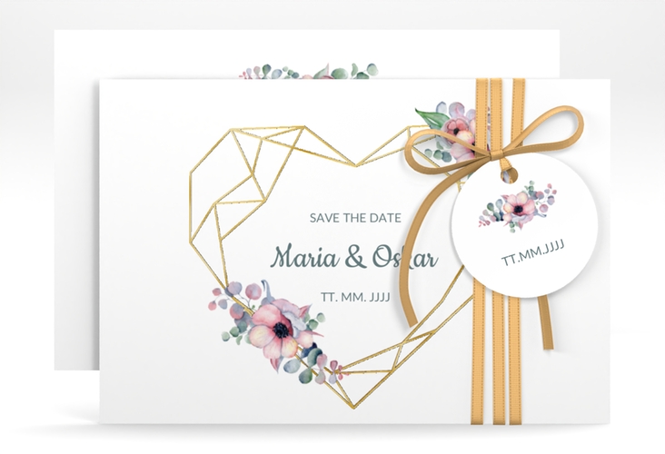 Save the Date-Karte Herzgold A6 Karte quer weiss gold