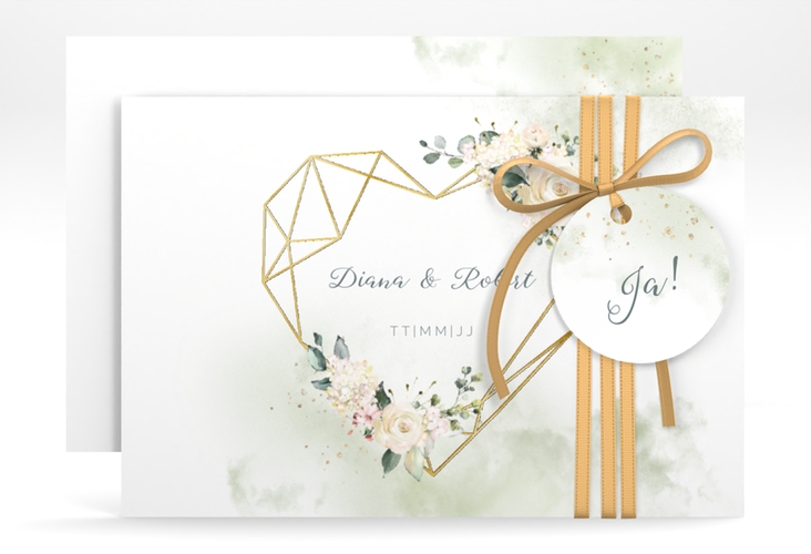 Save the Date-Karte Adore A6 Karte quer gruen gold mit geometrischem Herz und Rosen in Aquarell