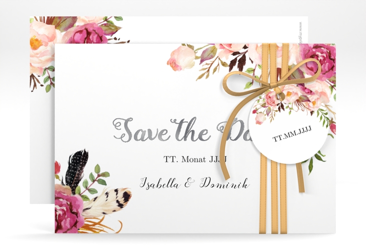 Save the Date-Karte Flowers A6 Karte quer weiss silber mit bunten Aquarell-Blumen