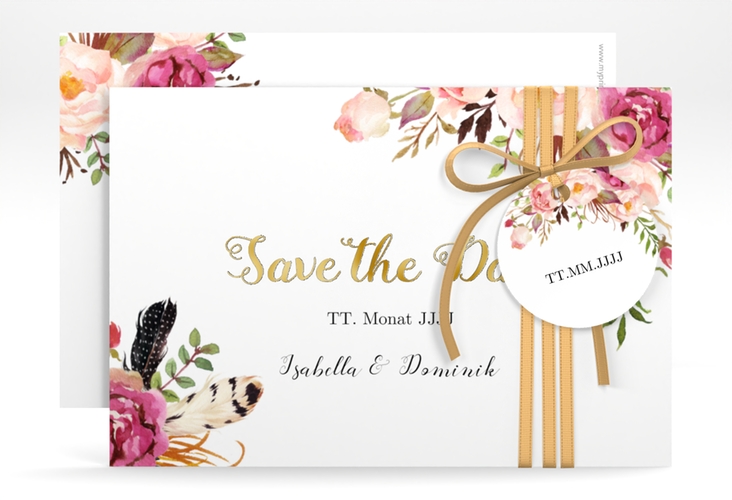 Save the Date-Karte Flowers A6 Karte quer weiss gold mit bunten Aquarell-Blumen