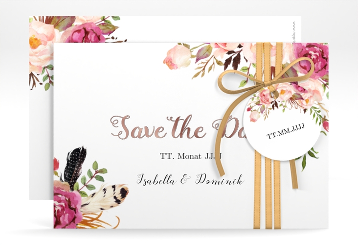 Save the Date-Karte Flowers A6 Karte quer weiss rosegold mit bunten Aquarell-Blumen