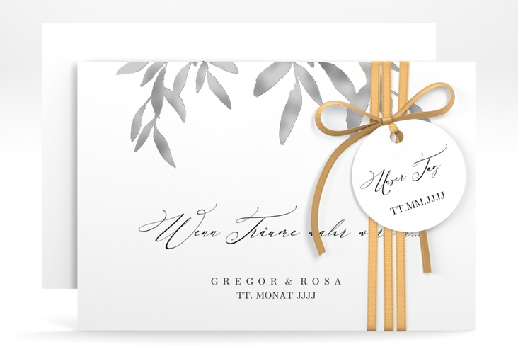 Save the Date-Karte Demure A6 Karte quer weiss silber
