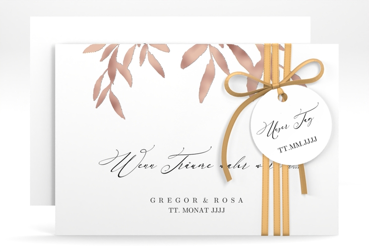 Save the Date-Karte Demure A6 Karte quer weiss rosegold