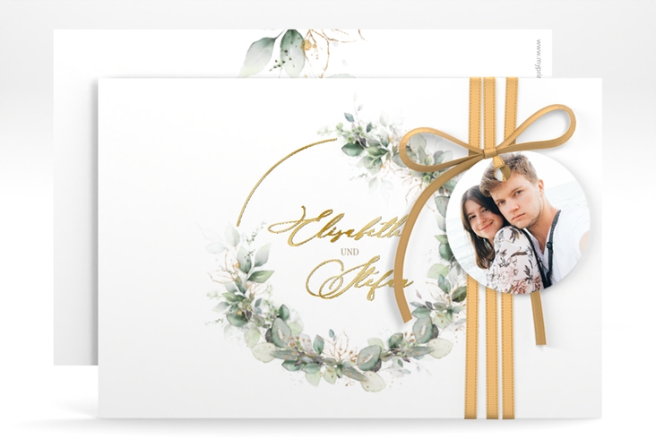 Save the Date-Karte Selvatica A6 Karte quer weiss gold mit Eukalyptus-Kranz
