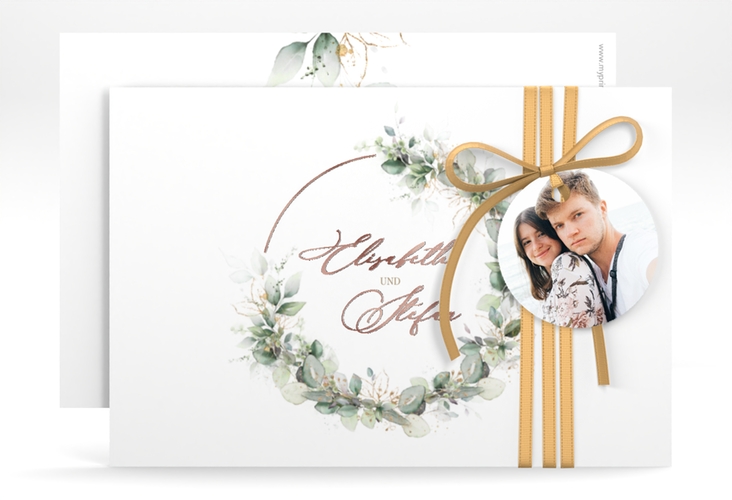 Save the Date-Karte Selvatica A6 Karte quer weiss rosegold mit Eukalyptus-Kranz