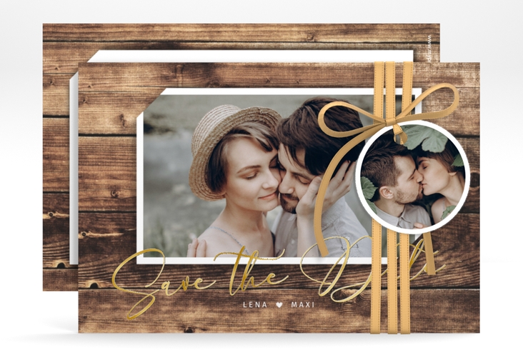 Save the Date-Karte Rustic A6 Karte quer braun gold in Holz-Optik mit Foto