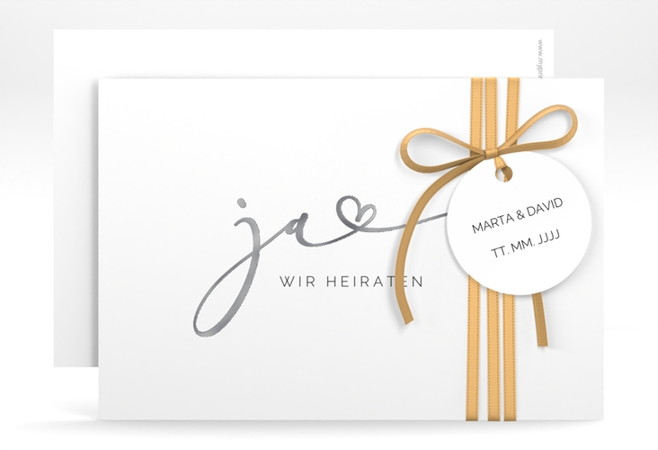 Save the Date-Karte Jawort A6 Karte quer weiss silber modern minimalistisch mit veredelter Aufschrift