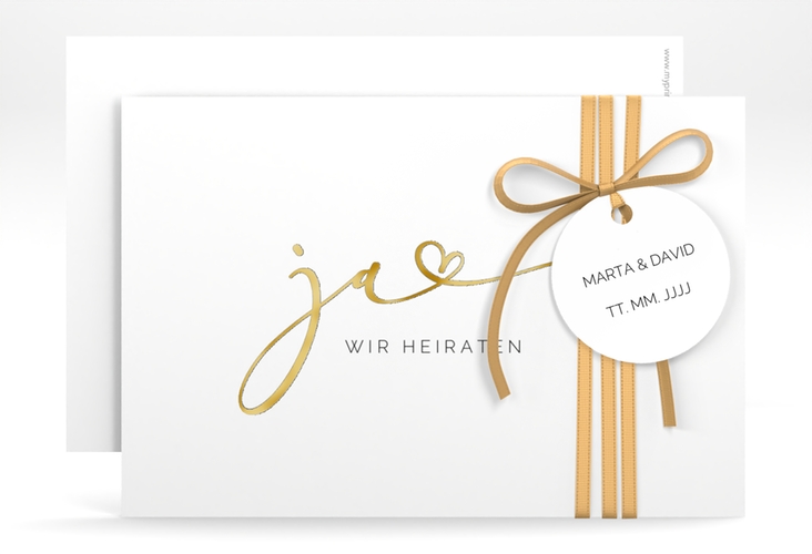 Save the Date-Karte Jawort A6 Karte quer weiss gold modern minimalistisch mit veredelter Aufschrift