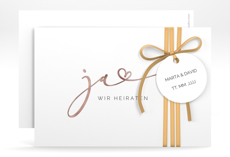 Save the Date-Karte Jawort A6 Karte quer weiss rosegold modern minimalistisch mit veredelter Aufschrift