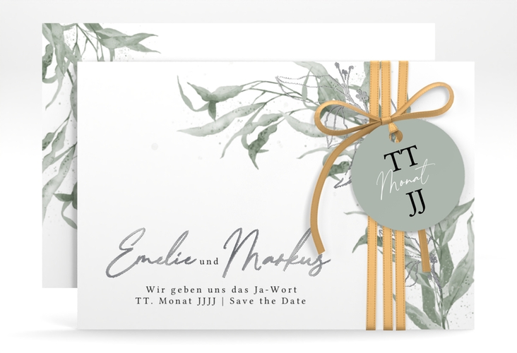 Save the Date-Karte Eucalyptus Green A6 Karte quer weiss silber