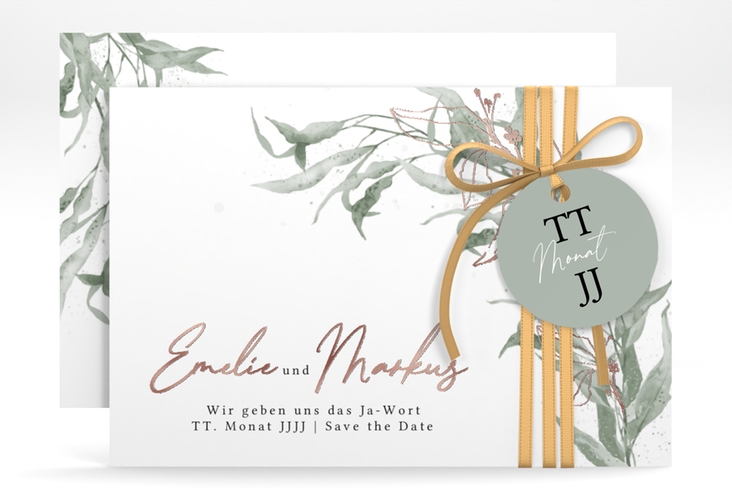 Save the Date-Karte Eucalyptus Green A6 Karte quer weiss rosegold