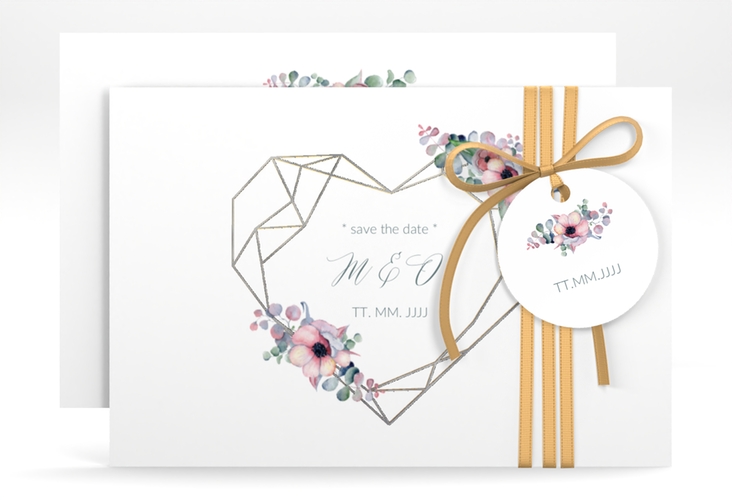 Save the Date-Karte Herzgold A6 Karte quer weiss silber