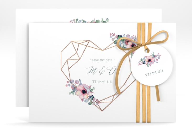 Save the Date-Karte Herzgold A6 Karte quer weiss rosegold