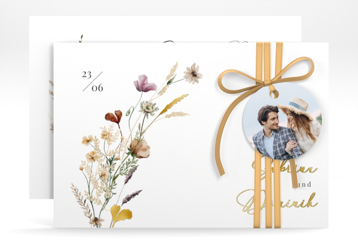 Save the Date-Karte Sauvages A6 Karte quer weiss gold mit getrockneten Wiesenblumen
