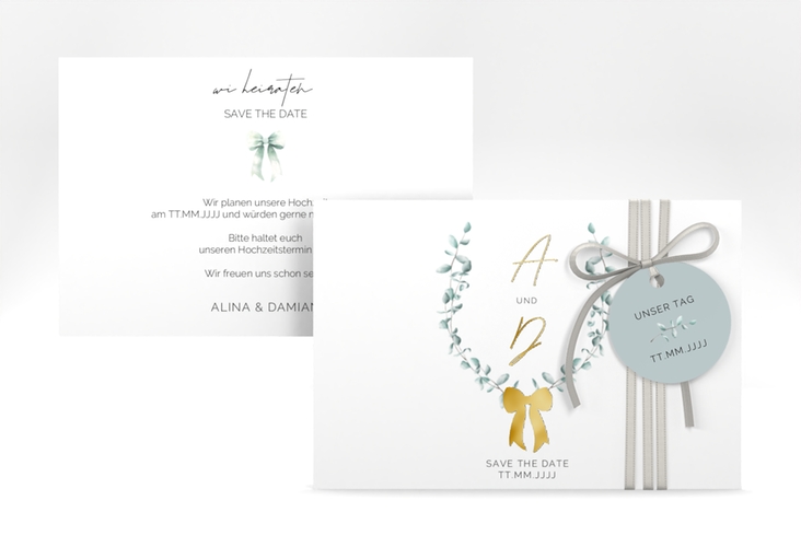 Save the Date-Karte Eucalypt Bow A6 Karte quer gruen gold