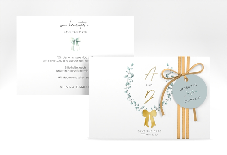 Save the Date-Karte Eucalypt Bow A6 Karte quer gruen gold