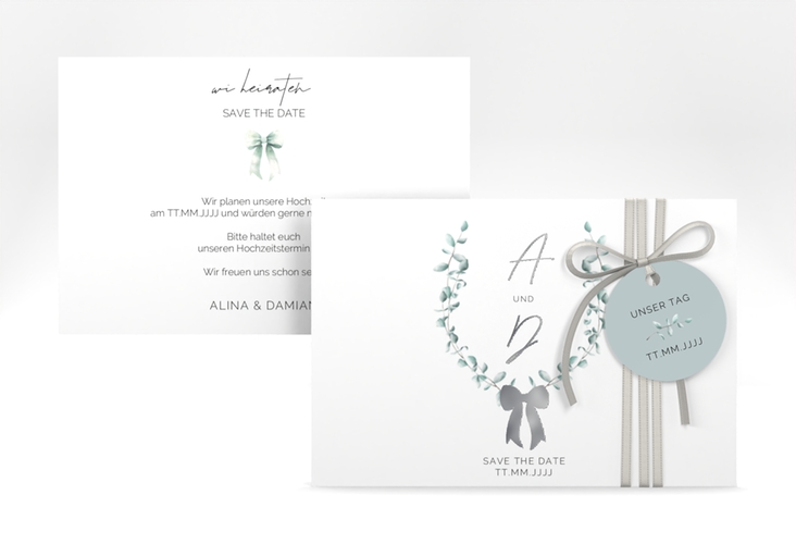 Save the Date-Karte Eucalypt Bow A6 Karte quer gruen silber