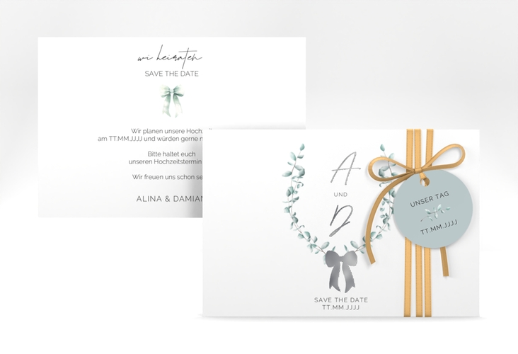 Save the Date-Karte Eucalypt Bow A6 Karte quer gruen silber