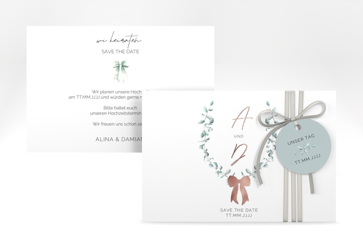 Save the Date-Karte Eucalypt Bow A6 Karte quer gruen rosegold