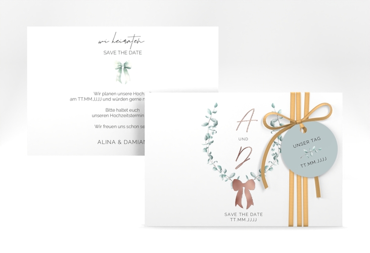 Save the Date-Karte Eucalypt Bow A6 Karte quer gruen rosegold