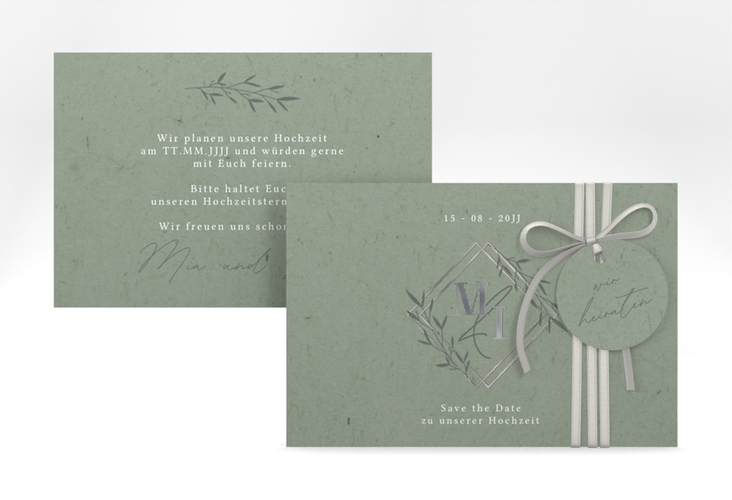 Save the Date-Karte Greenletter A6 Karte quer gruen silber mit Initialen in elegantem Goldrahmen mit Blättern