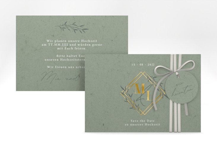 Save the Date-Karte Greenletter A6 Karte quer gruen gold mit Initialen in elegantem Goldrahmen mit Blättern