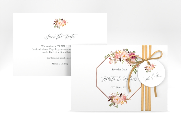 Save the Date-Karte Prachtvoll A6 Karte quer weiss rosegold