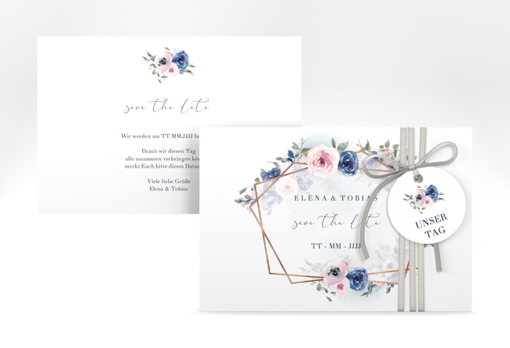 Save the Date-Karte Dustyblue A6 Karte quer weiss rosegold