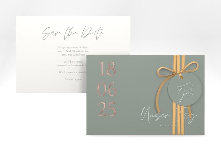 Save the Date-Karte Day A6 Karte quer gruen rosegold mit Datum im minimalistischen Design