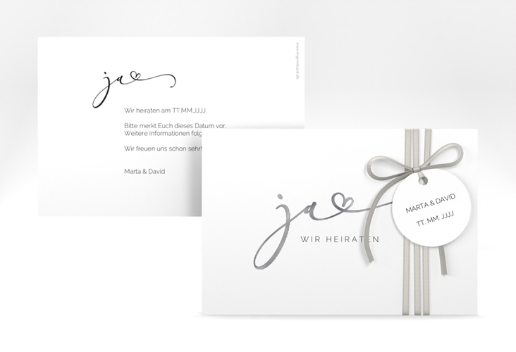 Save the Date-Karte Jawort A6 Karte quer weiss silber modern minimalistisch mit veredelter Aufschrift